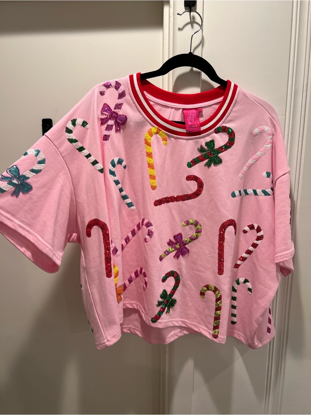 Queen of Sparkles Pink Short Sleeve Sweatshirt with Red Trim Sequin Candy Cane - Picture 2 of 5